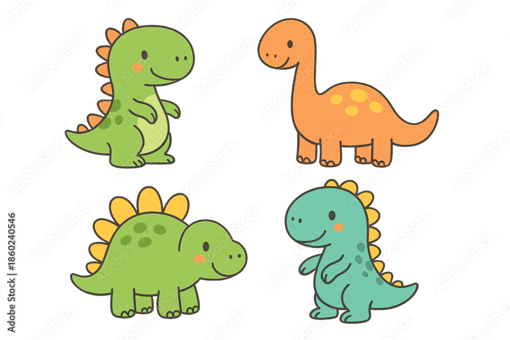 Obraz premium Four Cute Cartoon Dinosaurs on Textured Background