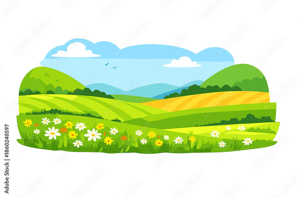 Fototapeta premium Animated spring landscape with rolling hills and wildflowers