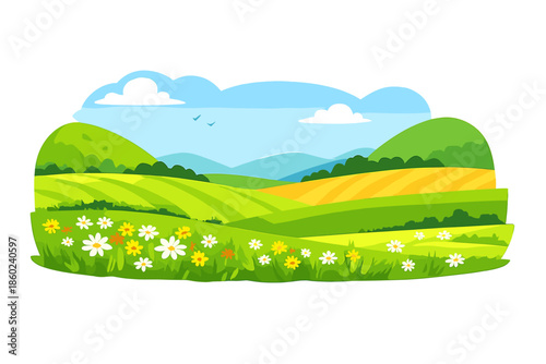 Animated spring landscape with rolling hills and wildflowers