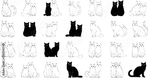 Black and White Line Art Seamless Pattern of Various Cats in Different Poses for Pet Lovers and Textile Design