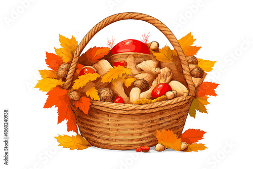 Autumn Harvest Basket of Mushrooms and Leaves