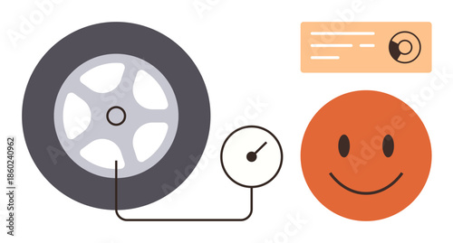 Tire and pressure gauge illustrating vehicle maintenance. happy face icon implies satisfaction. Ideal for safety, auto care, maintenance tips, driving well-being, road safety, efficiency, simple flat