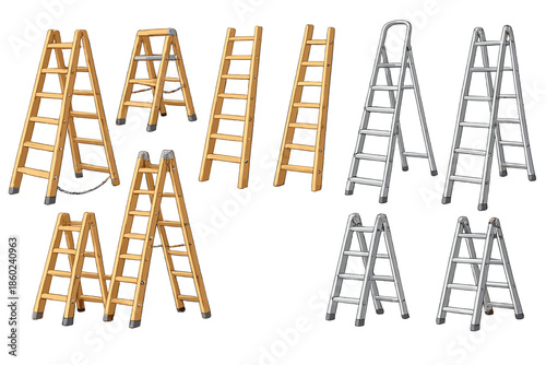 Collection of wooden and metal ladders