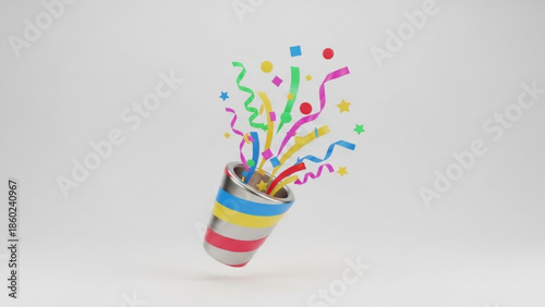 Colorful striped party popper exploding with vibrant confetti and stars on white background, celebrating joy and festivity