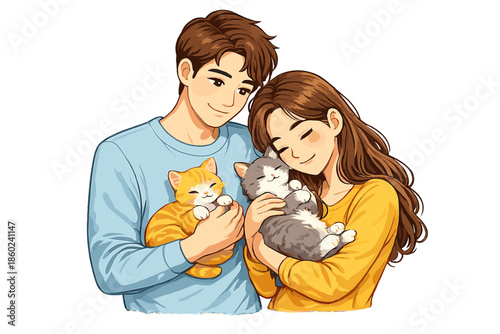 Couple Cuddling Two Adorable Kittens