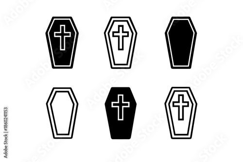 Six Halloween coffins icons on a grey background