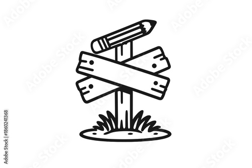 Hand-drawn pencil on signpost icon with wooden planks