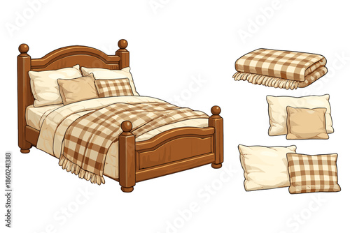 Cozy Wooden Bed with Plaid Blanket and Pillows