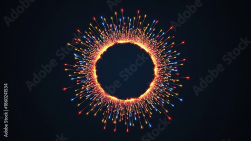 Vibrant multicolored light particles radiating from circular glowing edge on dark background, dynamic energetic illustration