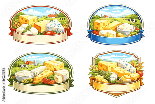 Assortment of artisanal cheeses in farm-themed oval badges