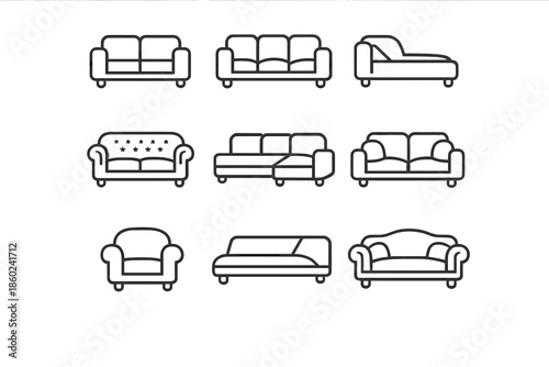 Collection of white sofa icons on a gray background