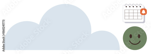 Cloud icon with a calendar notification and happy face suggests organization, reminders, and collaboration. Ideal for scheduling, time management, planning, productivity, cloud storage, digital