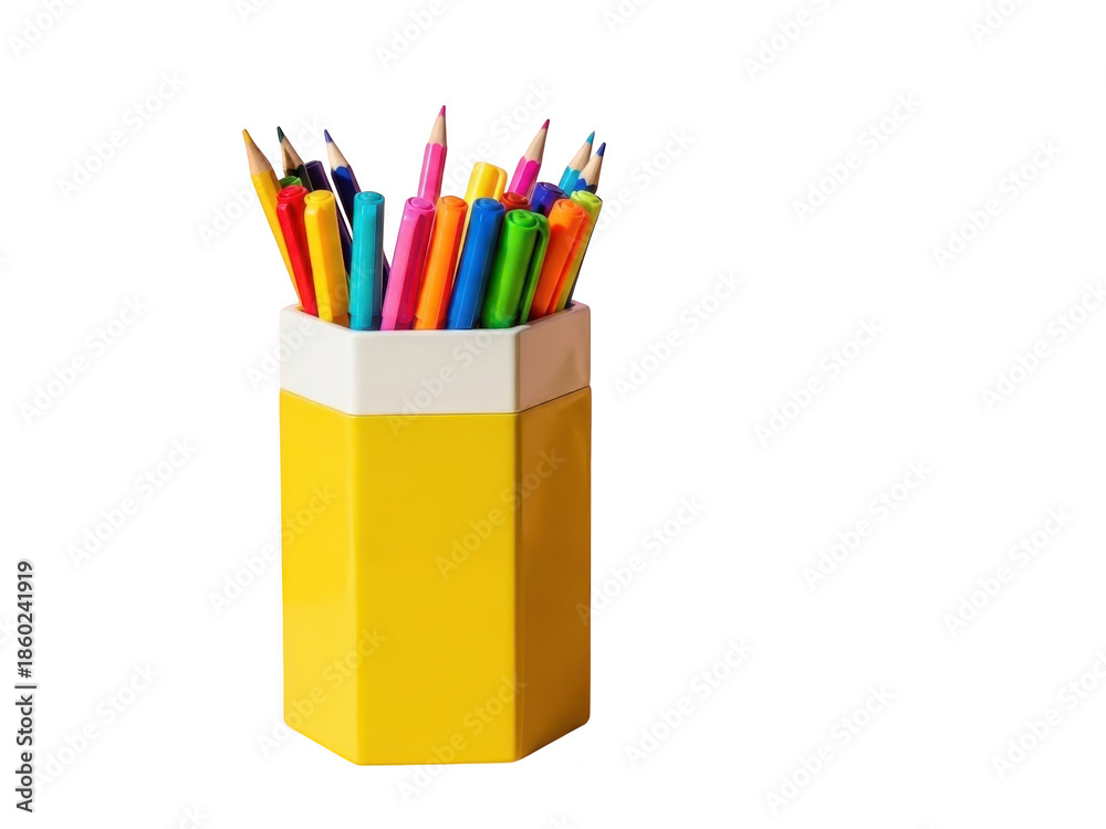 Fototapeta premium Yellow pencil holder with colorful pencils isolated on transparent background for school supplies