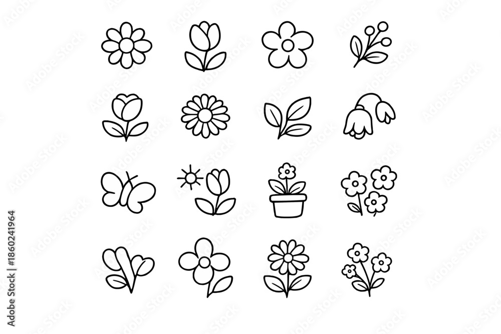 Fototapeta premium Cute collection of simple white flower icons on a gray background