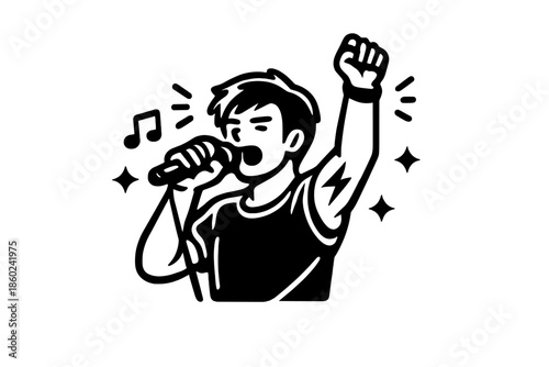 Singer performing with microphone and raised fist