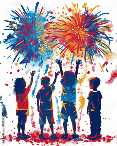 Silhouette of four children cheering under bright red blue and gold fireworks on white background for independence day celebration community event poster family party banner and festive decor