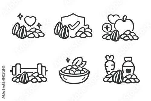 Healthy food icons with almonds