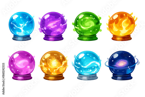 Eight glowing magical orbs with swirling energy inside