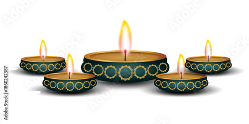 A group of five ornate teal and gold Diwali diya lamps with glowing, burning flames.