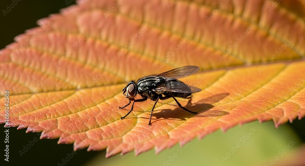 Fototapeta premium Fly on Autumn Leaf - A Detailed Close-Up of Insect Life.