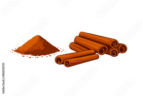Pile of cinnamon powder and sticks