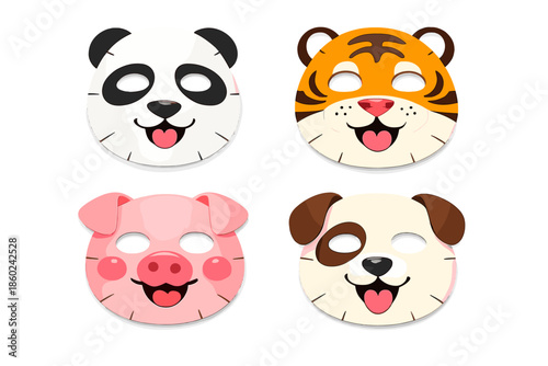 Four cute animal face masks: panda, tiger, pig, and dog