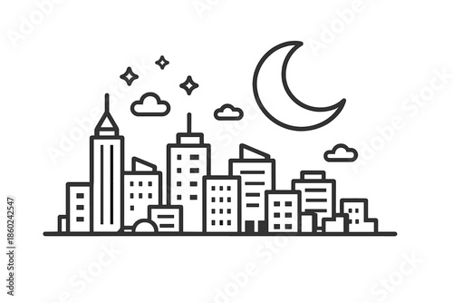 Stylized Cityscape Under a Crescent Moon and Stars