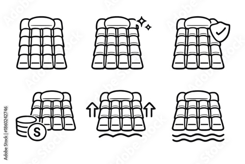 Set of 6 icons representing mattress features