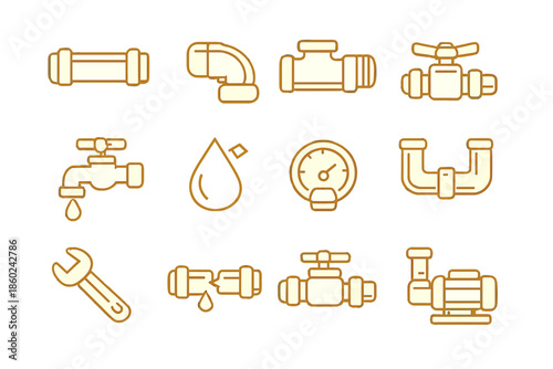 Plumbing icons collection with a golden glow