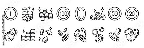 Coin, money icon set in thin line style