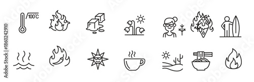 Set of  heat related vector line icons. contains such Icons as heating, temperature, hot coffee, spicy, chili, summer, sun, melting, fire, flame and more.