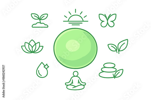 Green icons and abstract sphere with gradient background