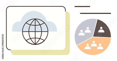 Globe inside cloud symbolizing global networking besides pie chart with diverse groups. Ideal for collaboration, data management, technology, business analysis, communication, teamwork, education
