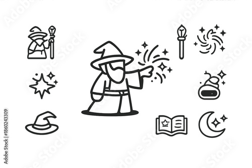 Wizard with magic spells and fantasy icons, dark background