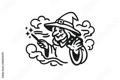Cartoon Witch with Magic Wand and Stars