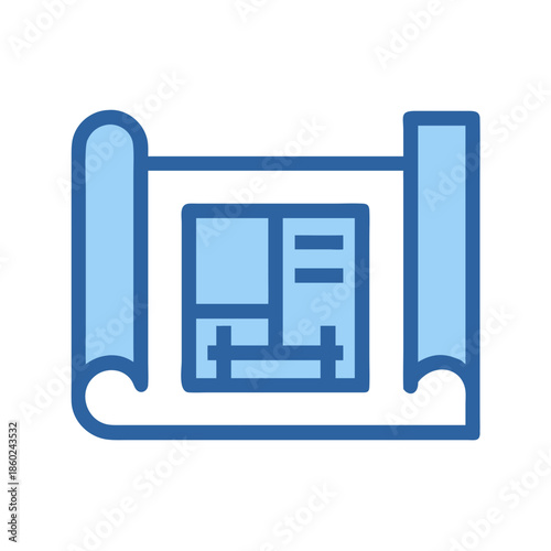 Architectural blueprint on rolled paper construction documentation icon