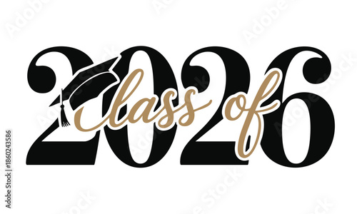 Class of 2025 calligraphy banner. Congratulation graduation, black 2026 number with academic cap for college event invitation or party high school. Congrats lettering, vector logo design 