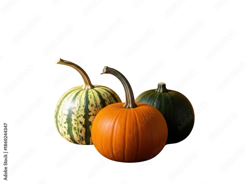 Fototapeta premium Three pumpkins in orange green and yellow on transparent background