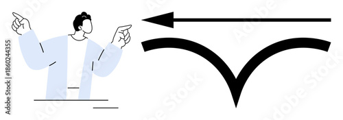 Decision-making. A person points in opposite directions near a diverging path icon, decision-making challenges and options. Decision-making in business, strategy, psychology, education, or navigation