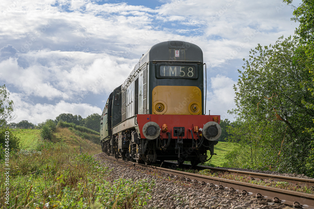Obraz premium Vintage British Class 20 Diesel Locomotive in Summer Countryside
