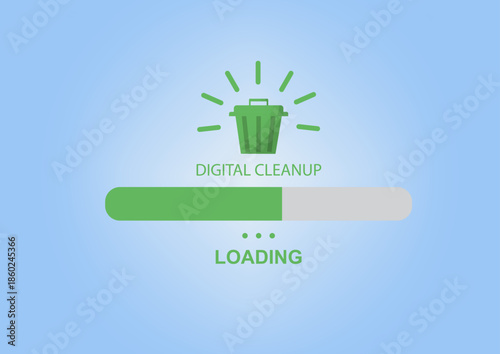 Digital Cleanup Progress Bar. Green recycling bin and progress bar symbolizing digital declutter and file cleaning process. For tech, data management, or optimization concepts. Vector illustration