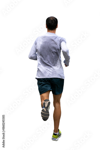 Runner with sweat-soaked back running race on transparent background
