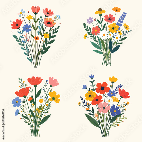 Four colorful floral arrangements with diverse flowers and lush foliage in a harmonious display