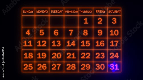 Neon line 2026 New Year's Day calendar 31 date with color stain/ink bloom thumb calendar 31 date highlighted important day symbol highlight list macro management mark number, 4k video.. 