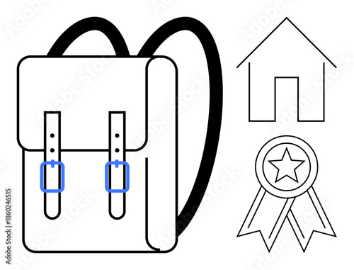 Education, achievement, school supplies, home learning, academic success, recognition. A backpack, house outline and award ribbon with a star displayed. Education and achievement concepts