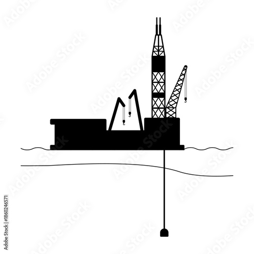 Offshore oil barge rig silhouette for shallow water drilling graphic illustration