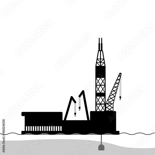 Offshore oil barge rig silhouette for shallow water drilling graphic illustration