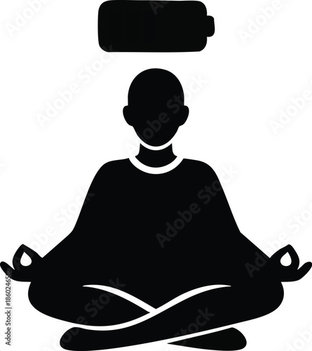 Meditation icon for recharging. Person in lotus pose with empty battery symbol. Stress relief and wellness concept.