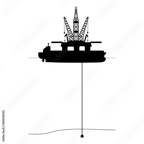 Offshore oil drillship floating rig silhouette for deep water extraction graphic illustration