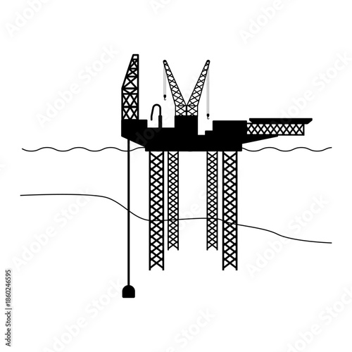 Offshore oil jackup rig silhouette with movable legs for sea drilling graphic illustration